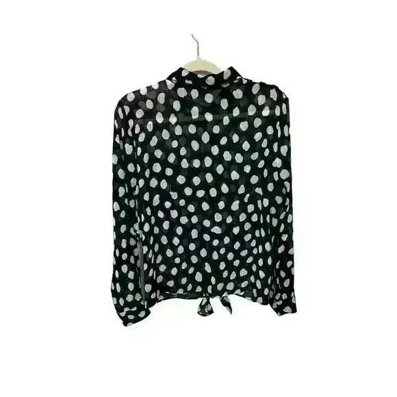 Roz & Ali Womens XL Blouse Black White Polka Dots Sheer Tie Bottom Lightweight - Picture 13 of 13